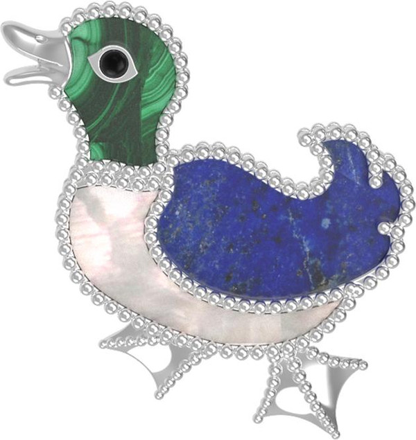 Брошь из белого золота 585 пробы c эмалью, лазуритом, малахитом и перламутром