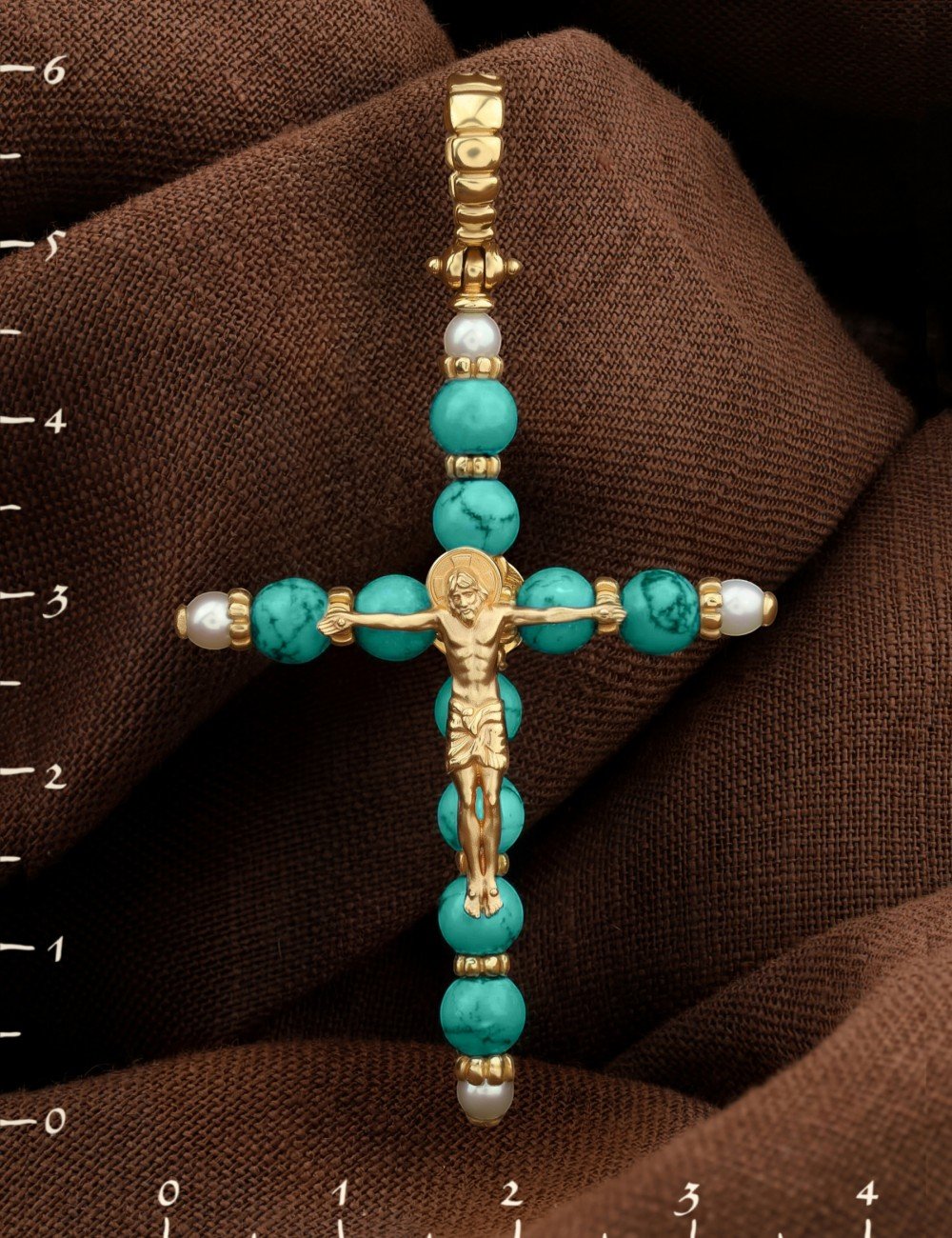 Крест из лимонного золота c жемчугом и бирюзой