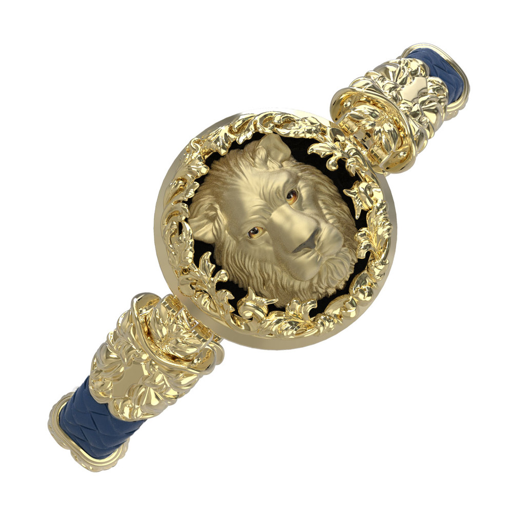 Браслет из лимонного золота 585 пробы c эмалью, кожаным шнурком и ониксом