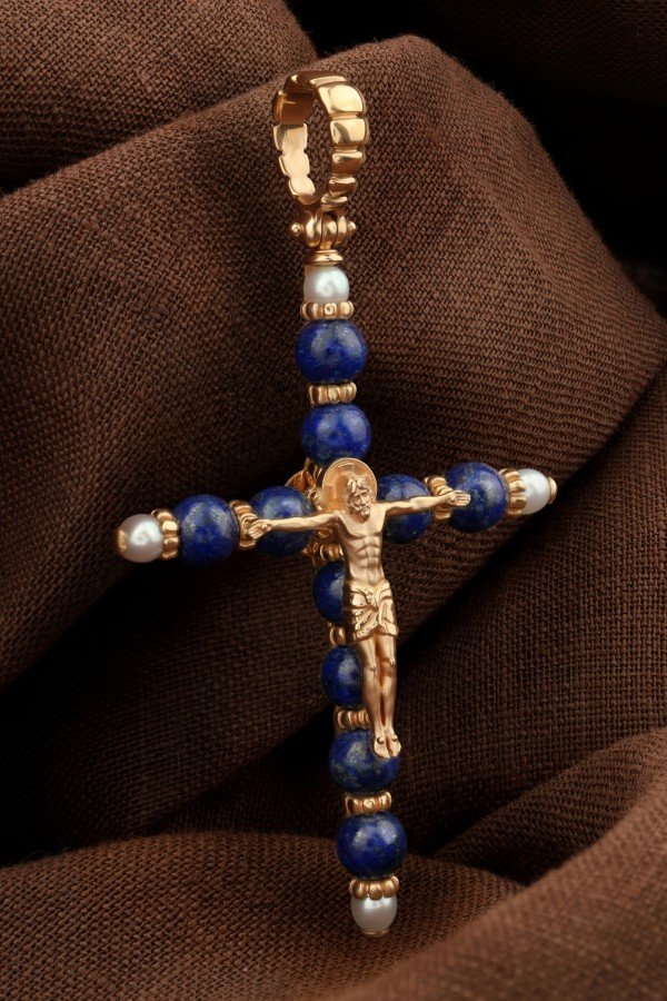 Крест из золота c жемчугом и лазуритом