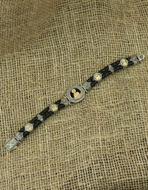 Браслет из серебра 925 пробы и золота 750 пробы c кожаным шнурком и ониксом