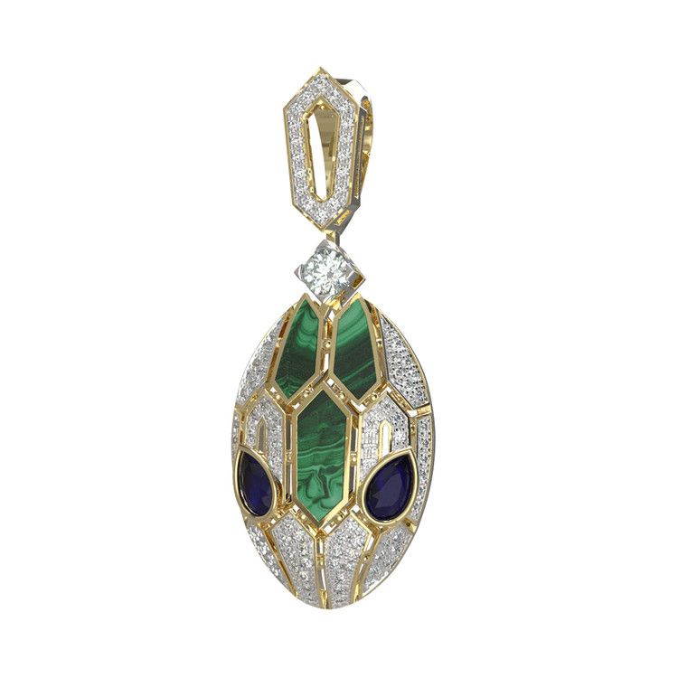 Подвеска из лимонного золота 585 пробы c бриллиантами, сапфиром и малахитом