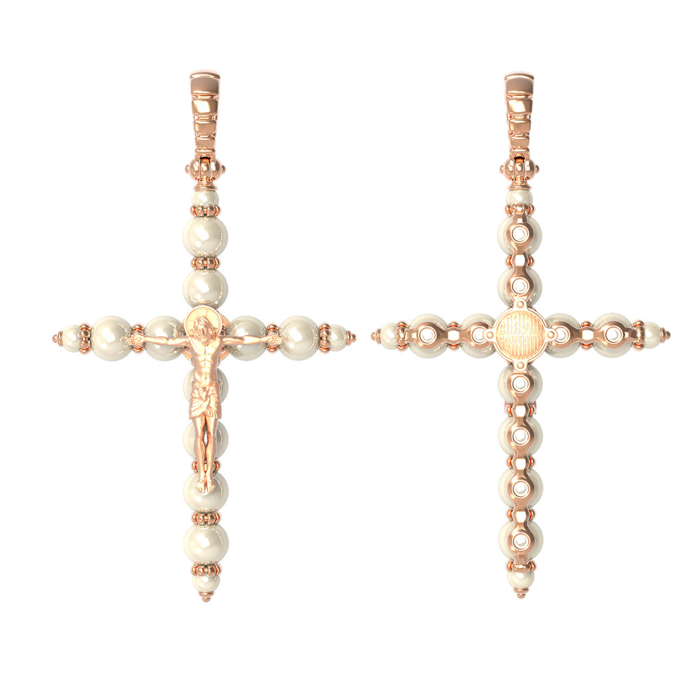 Крест из красного золота 585 пробы c жемчугом