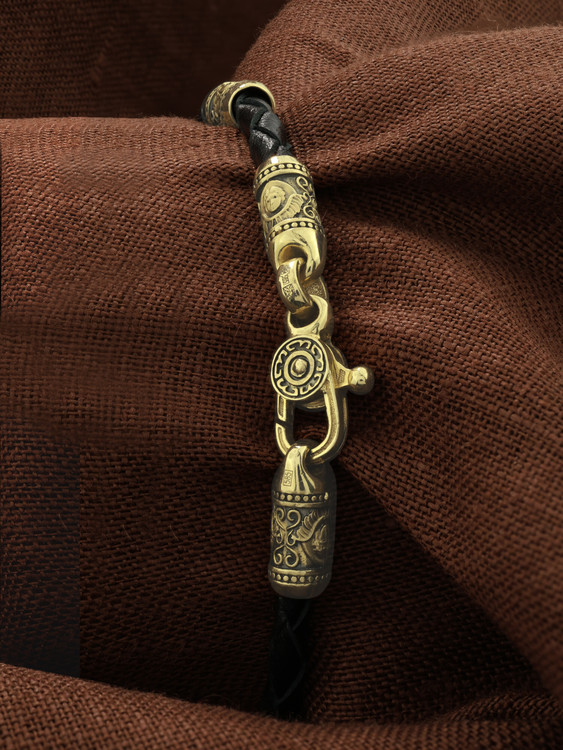 Браслет-шнурок из лимонного золота 585 пробы c кожаным шнурком