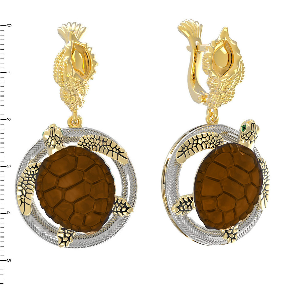 Серьги из лимонного золота 585 пробы c эмалью и железным деревом