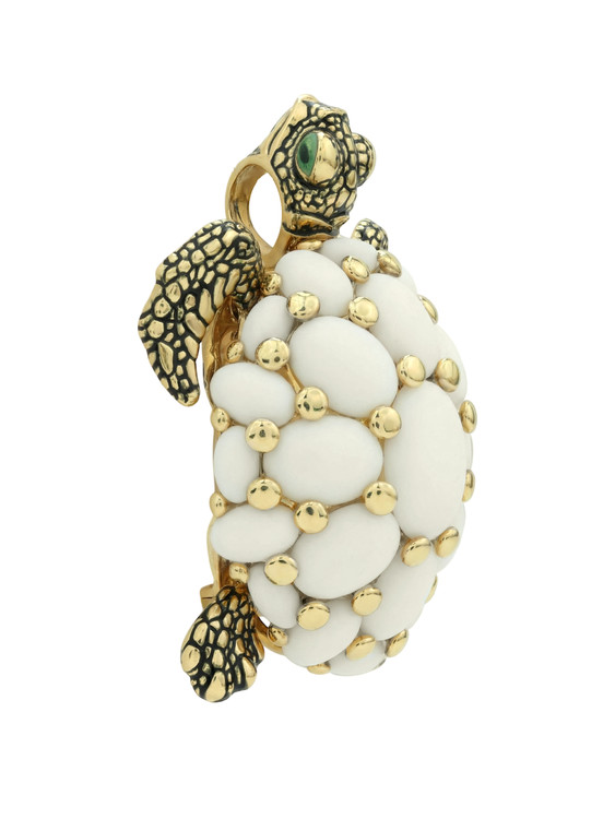 Брошь-подвеска из лимонного золота 585 пробы c эмалью и бивнем мамонта