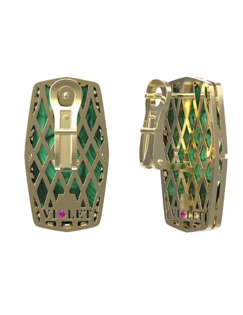 Серьги из лимонного золота c бриллиантами, рубином и малахитом