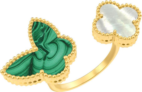 Кольцо из лимонного золота 585 пробы c малахитом и перламутром