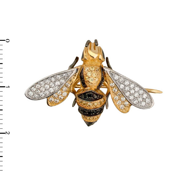 Брошь из лимонного золота 585 пробы c эмалью и фианитом