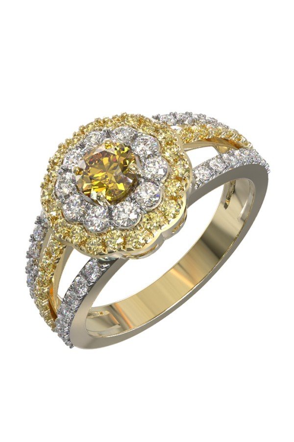 Кольцо из лимонного золота c бриллиантами и сапфиром