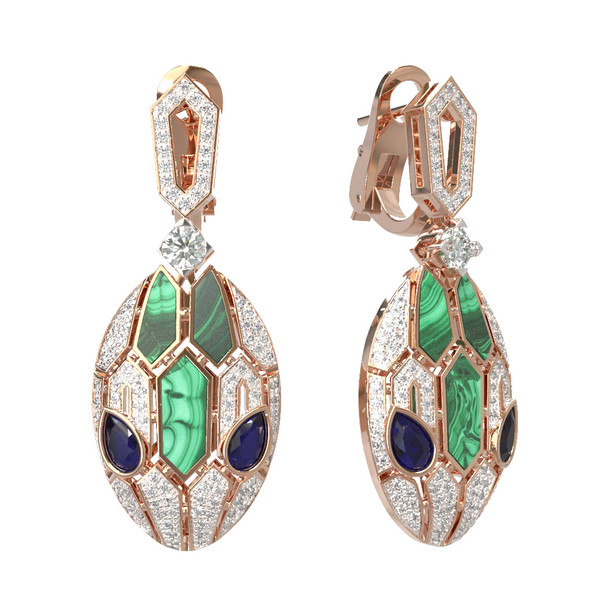 Серьги из красного золота 585 пробы c бриллиантами, сапфиром и малахитом