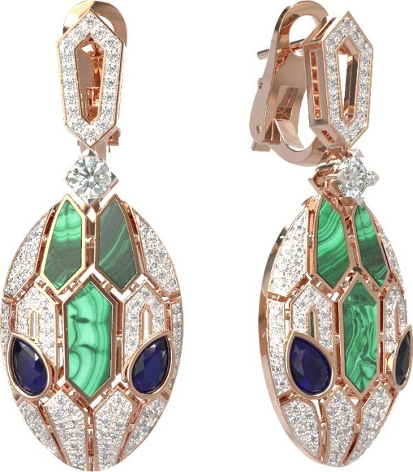 Серьги из золота c бриллиантами, сапфиром и малахитом