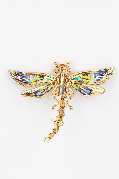 Брошь из красного золота 585 пробы c фианитом, сапфиром и эмалью