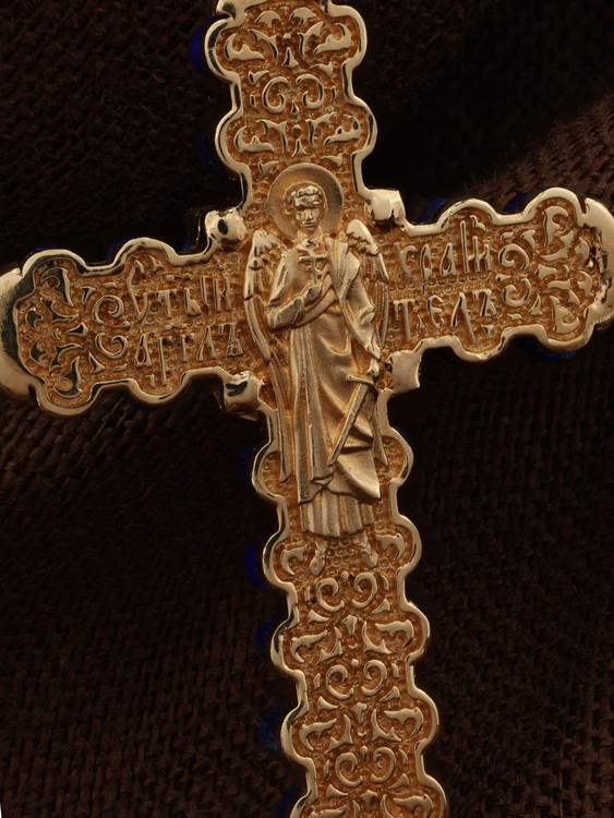 Крест из красного золота 585 пробы c лазуритом