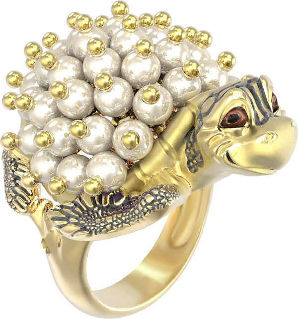 Кольцо из лимонного золота 585 пробы c эмалью и жемчугом