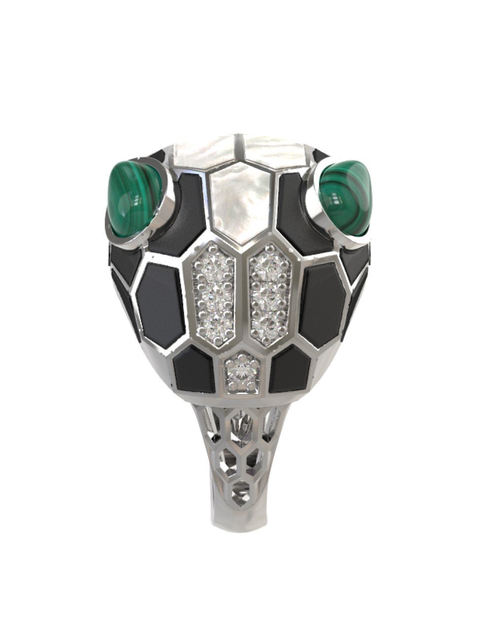 Кольцо из белого золота c бриллиантами, рубином, ониксом, малахитом и перламутром