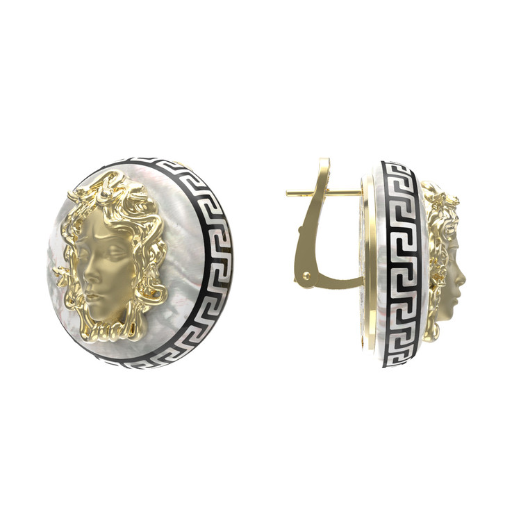 Серьги из лимонного золота 585 пробы c эмалью и перламутром