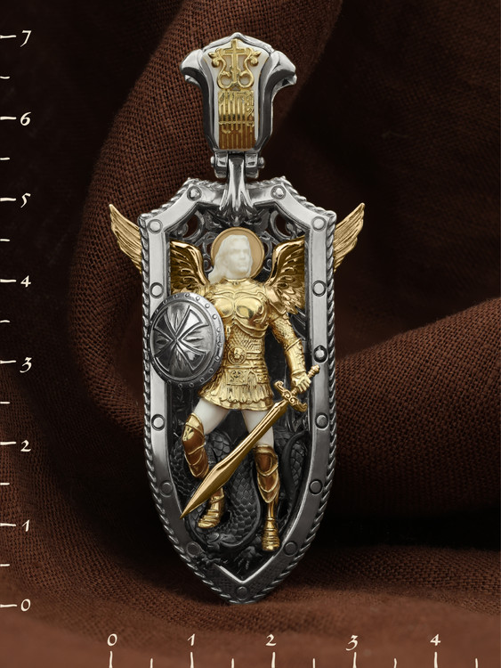 Нательная икона из белого золота 585 пробы c эмалью и бивнем мамонта