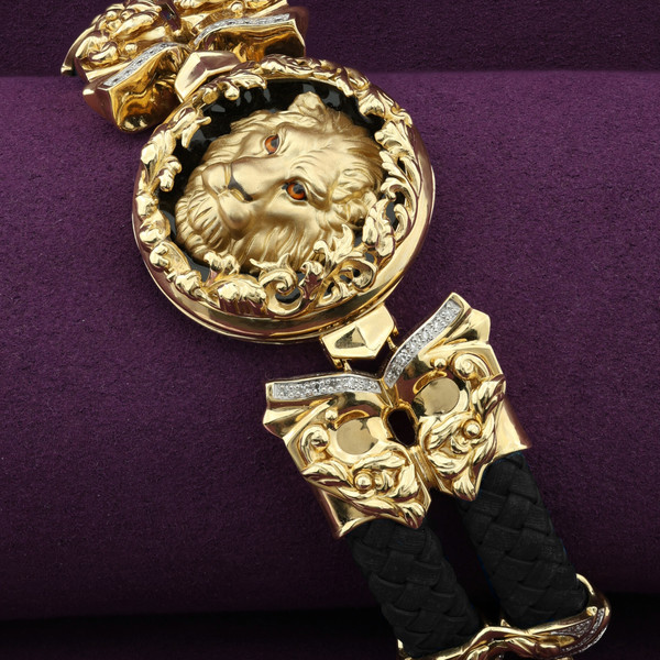 Браслет из лимонного золота 585 пробы c эмалью, бриллиантами, шнурком и ониксом