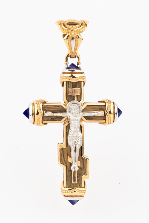 Крест из красного золота 585 пробы c лазуритом и железным деревом