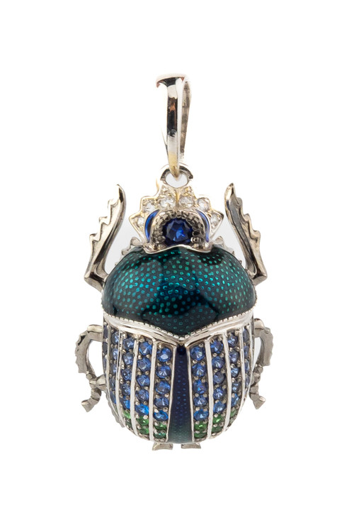 Подвеска из белого золота 585 пробы c эмалью, фианитом и сапфиром