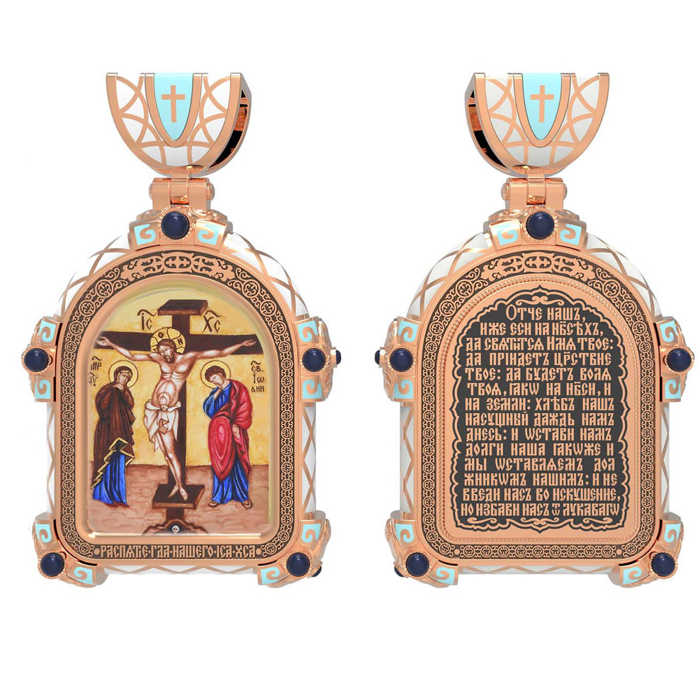 Нательная икона из красного золота 585 пробы c эмалью, иконописью и темперой