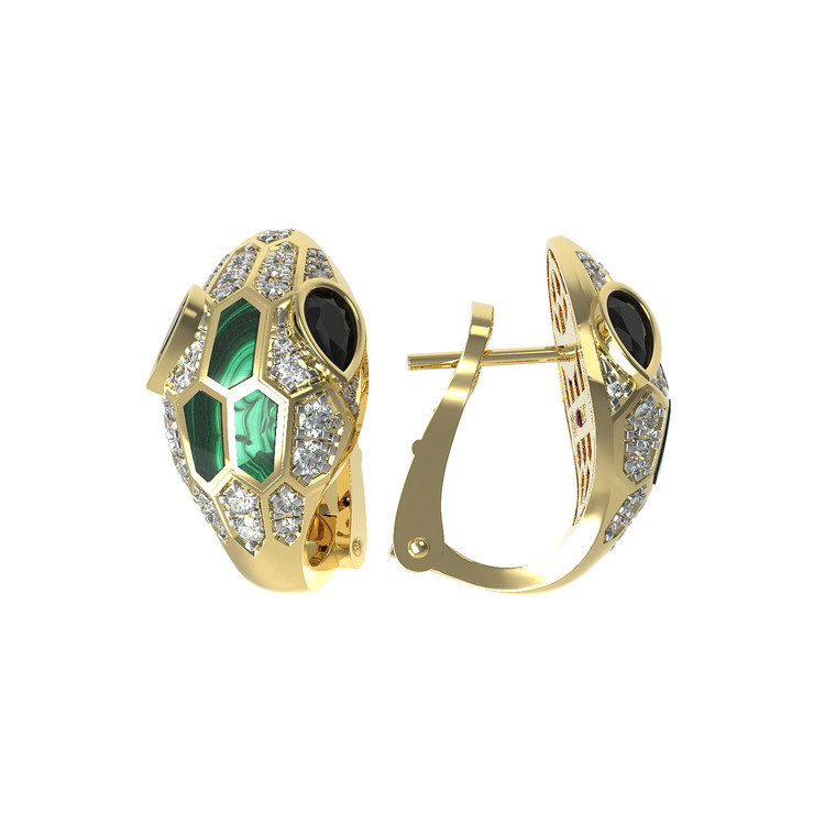 Серьги из лимонного золота 585 пробы c бриллиантами, сапфиром и малахитом