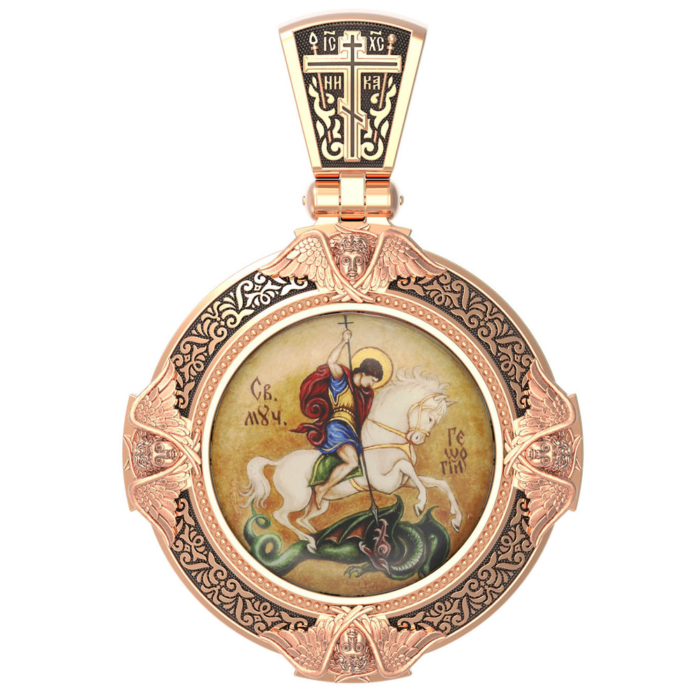 Нательная икона из красного золота 585 пробы c эмалью, иконописью и темперой
