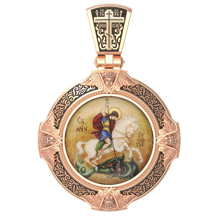 Нательная икона из красного золота 585 пробы c эмалью, иконописью и темперой