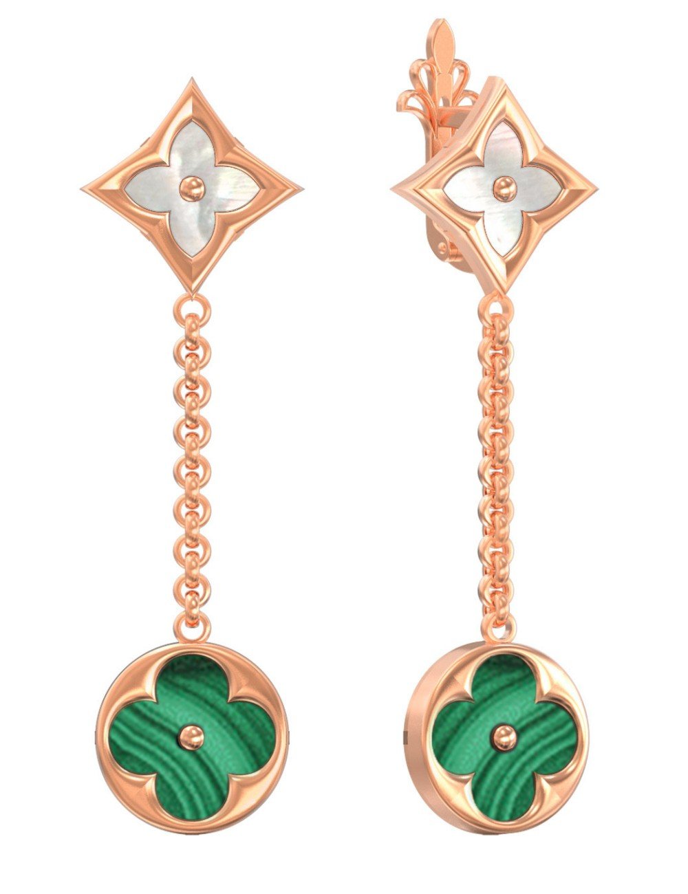 Серьги из золота c малахитом и перламутром