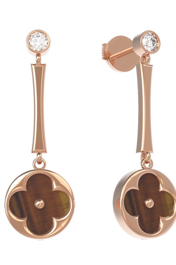 Серьги из золота c фианитом и тигровым глазом