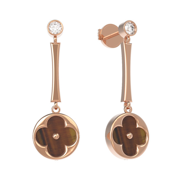 Серьги из красного золота 585 пробы c фианитом и тигровым глазом