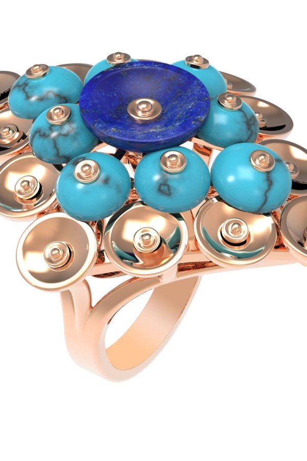 Кольцо из золота c бирюзой и лазуритом