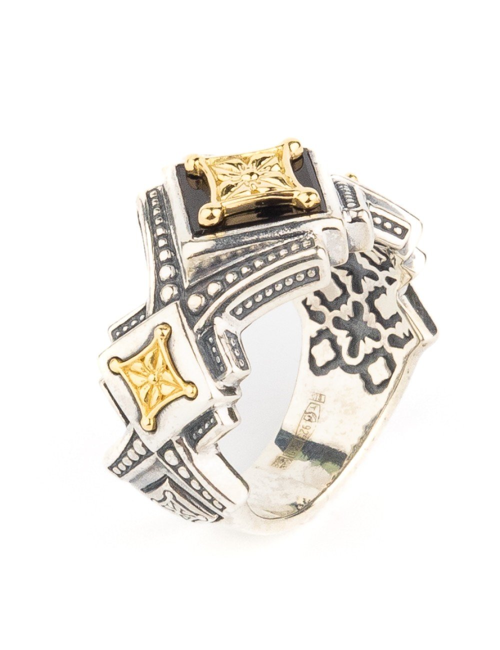 Кольцо из серебра и золота c ониксом и рубином