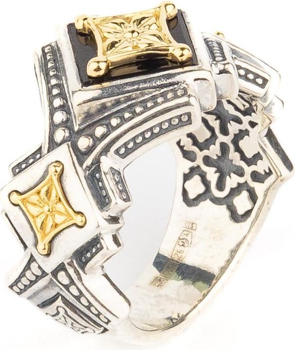 Кольцо из серебра 925 пробы и золота 750 пробы c ониксом и рубином