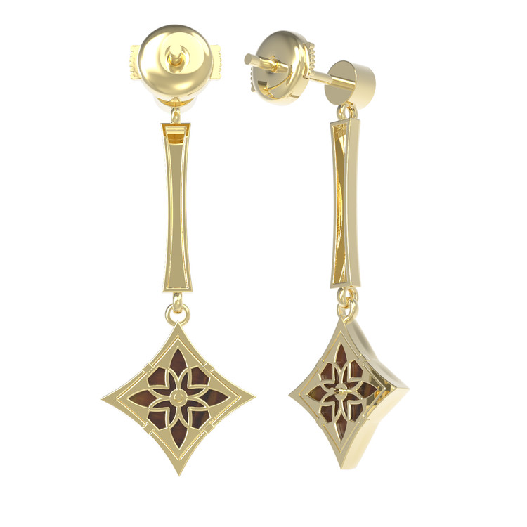 Серьги из лимонного золота 585 пробы c фианитом и тигровым глазом