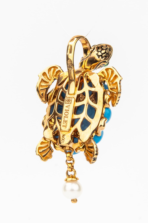 Подвеска из красного золота 585 пробы c эмалью, жемчугом и бирюзой