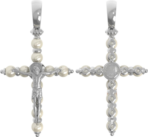 Крест из белого золота 585 пробы c жемчугом