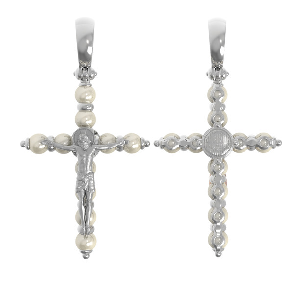 Крест из белого золота 585 пробы c жемчугом
