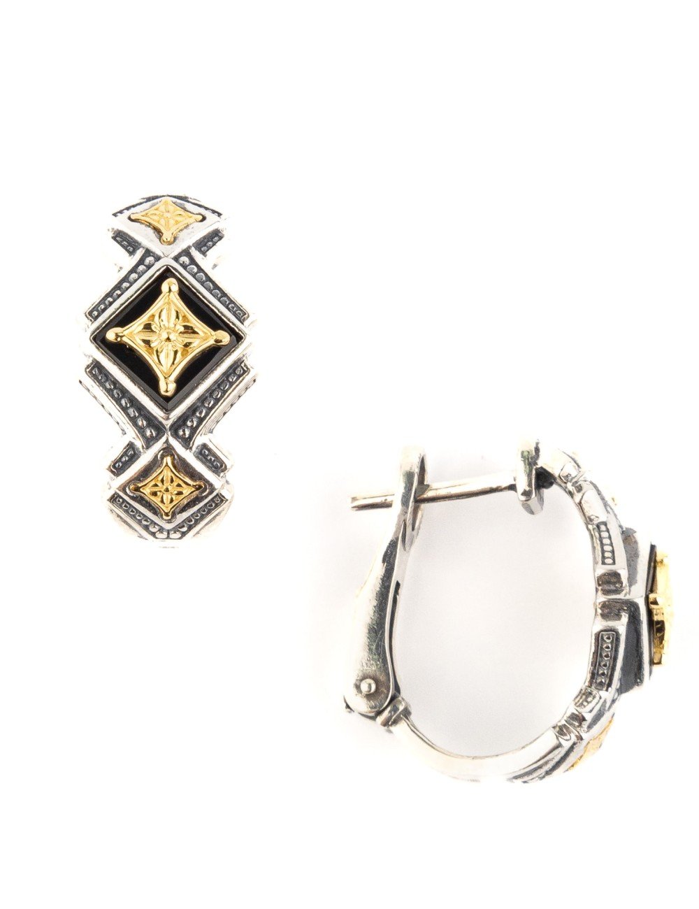 Серьги из серебра и золота c ониксом и рубином