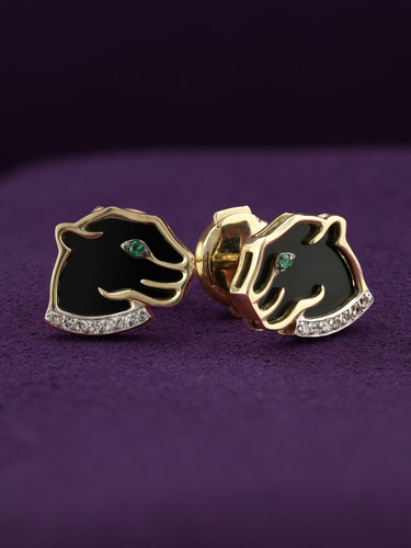 Серьги из лимонного золота 585 пробы c бриллиантами, изумрудом и ониксом