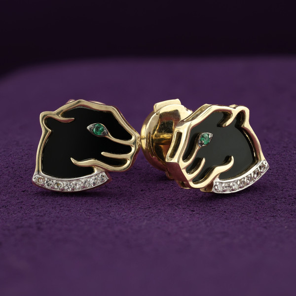 Серьги из лимонного золота 585 пробы c бриллиантами, изумрудом и ониксом