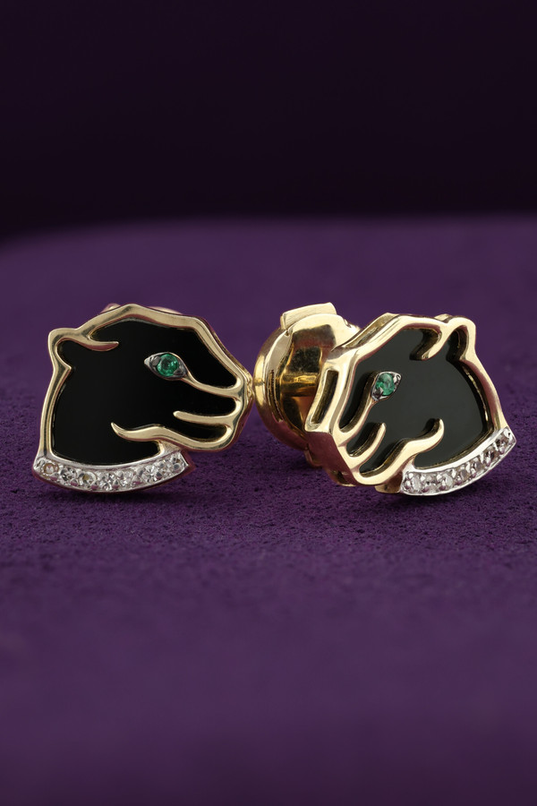 Серьги из лимонного золота 585 пробы c бриллиантами, изумрудом и ониксом