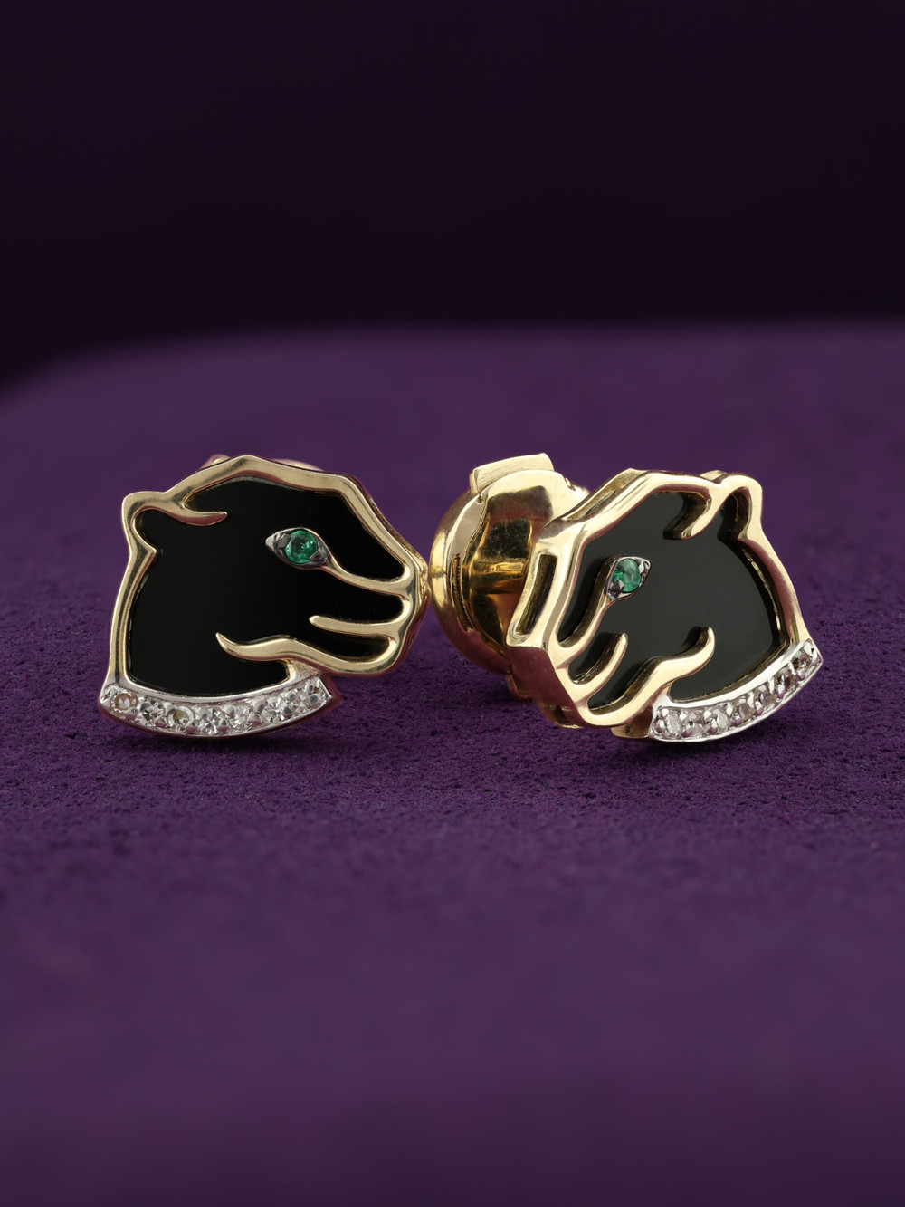 Серьги из лимонного золота 585 пробы c бриллиантами, изумрудом и ониксом