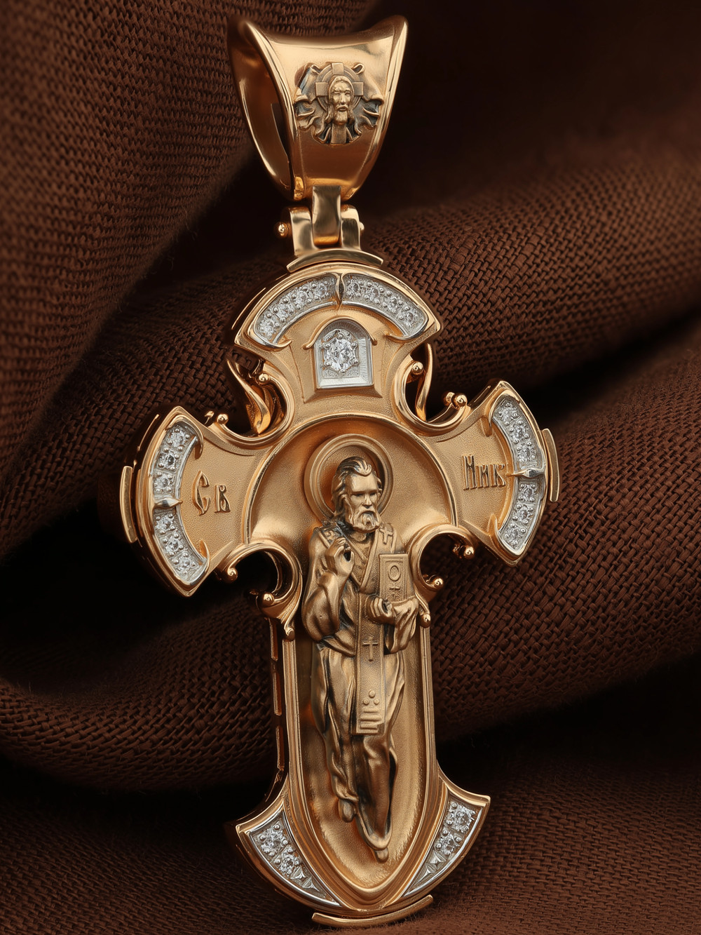 Крест из красного золота 585 пробы c фианитом