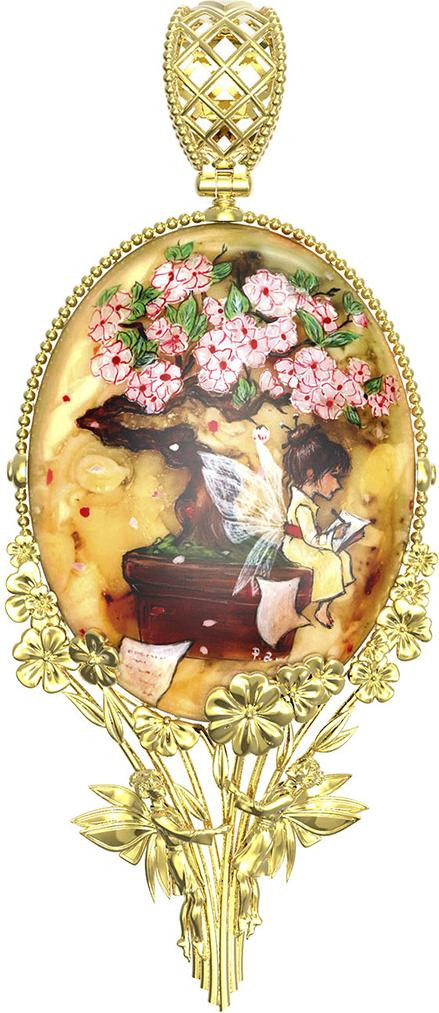 Подвеска из лимонного золота 585 пробы c росписным янтарём