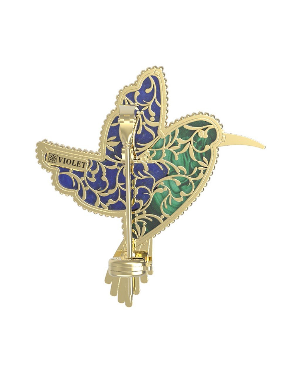 Брошь из лимонного золота c эмалью, лазуритом и малахитом