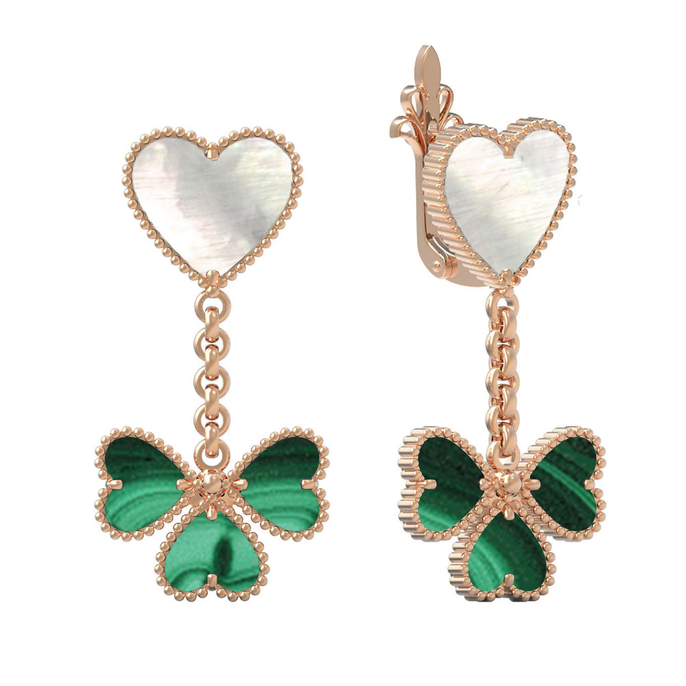 Серьги из красного золота 585 пробы c малахитом и перламутром