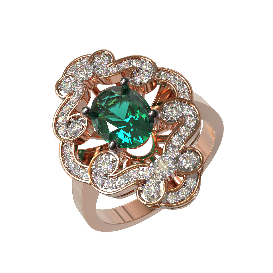Кольцо из красного золота 585 пробы c бриллиантами и изумрудом