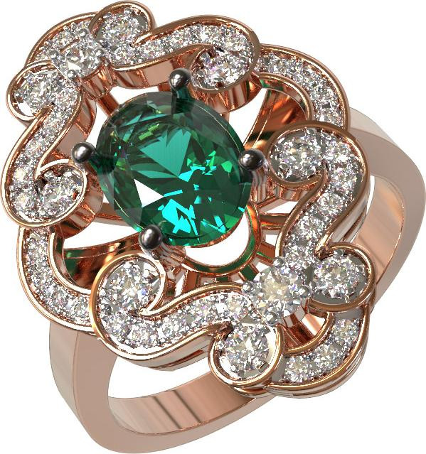 Кольцо из красного золота 585 пробы c бриллиантами и изумрудом